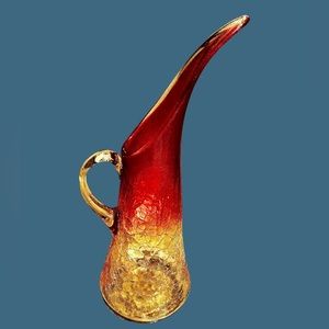 MCM 60’s EWER Pitcher Amberina Red Yellow - Crackle Glass - Rim Glows - Kanawha